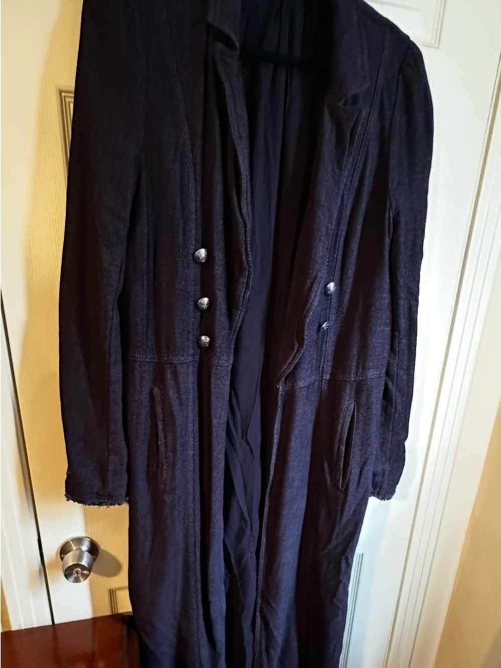 Free People Navy Long Trench Coat with Silver Buttons